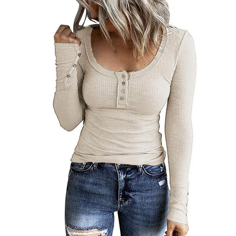 Casual Knit Button Long Sleeve Ladies T Shirt