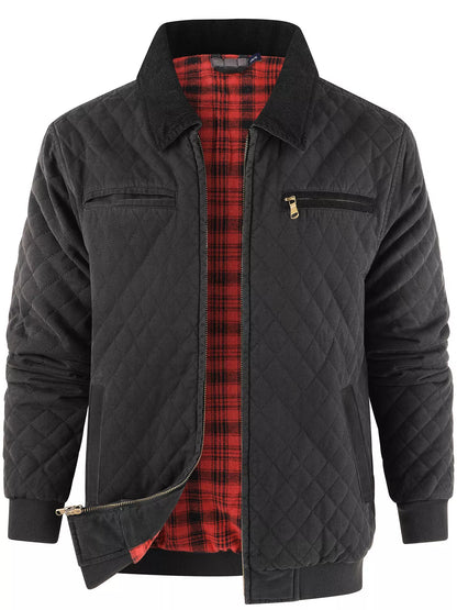 Men's Quilted Collared Neck Jacket with Plaid Lining - Black -
