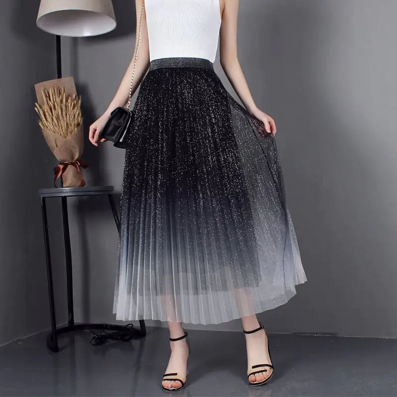 High-Waisted Pleated Skirt with Gradient Mesh Design - Kia Day Design