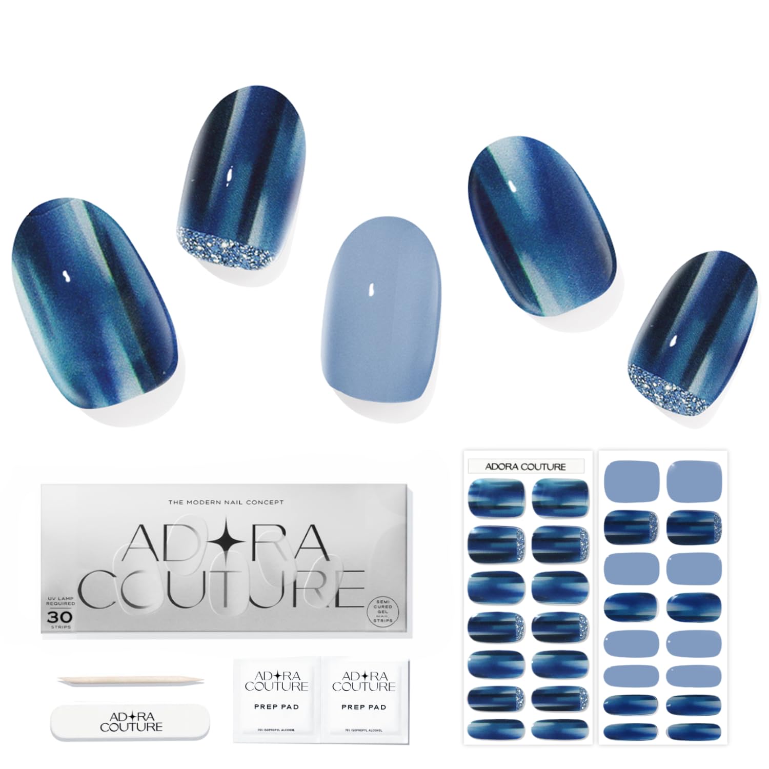 ADORA COUTURE Blue Glossy with Glitter Semi Cured Gel Nail Strips Kit 30 pcs - - nail polish