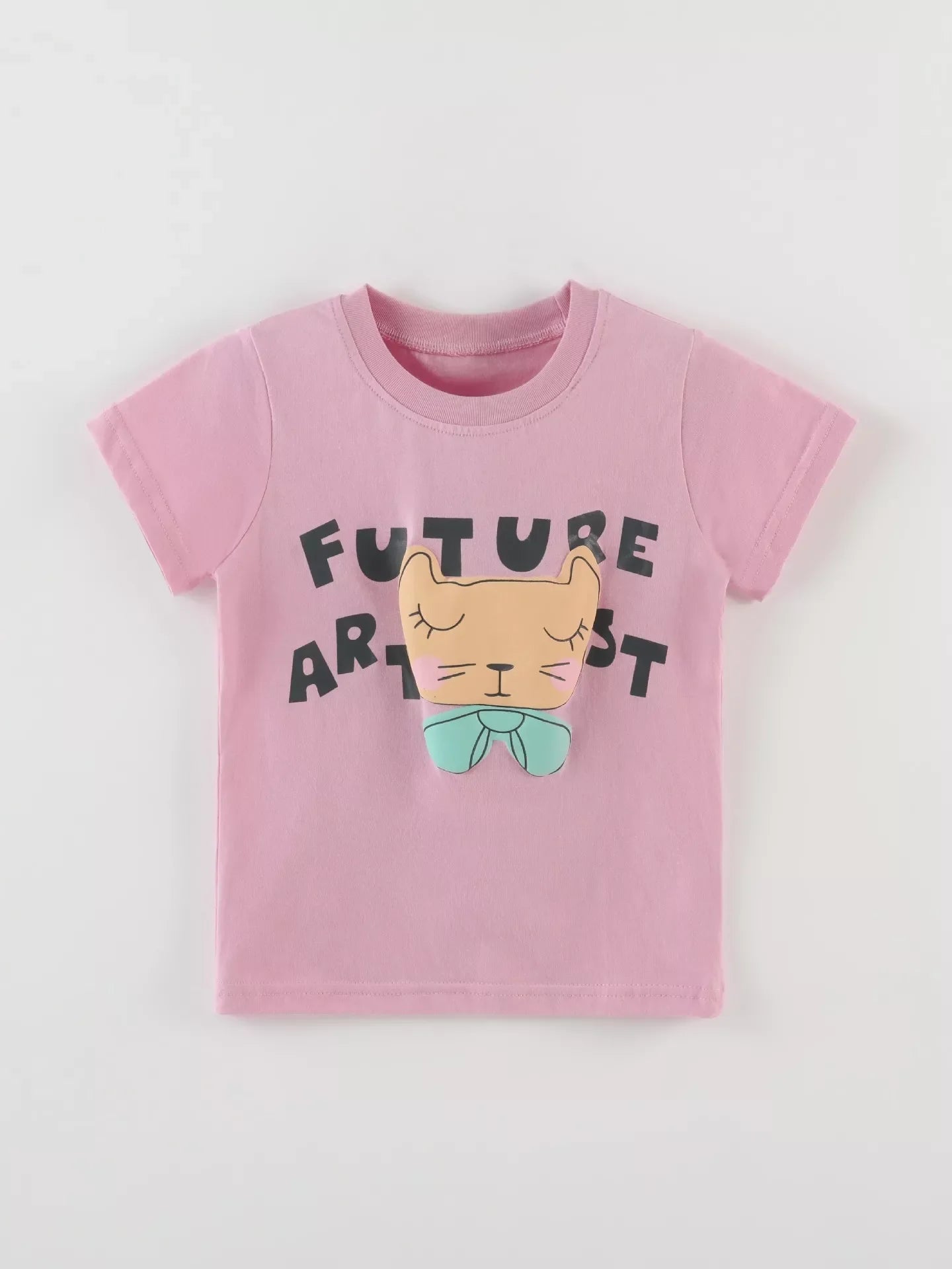 Children's Cat Graphic Round Neck T-Shirt - -