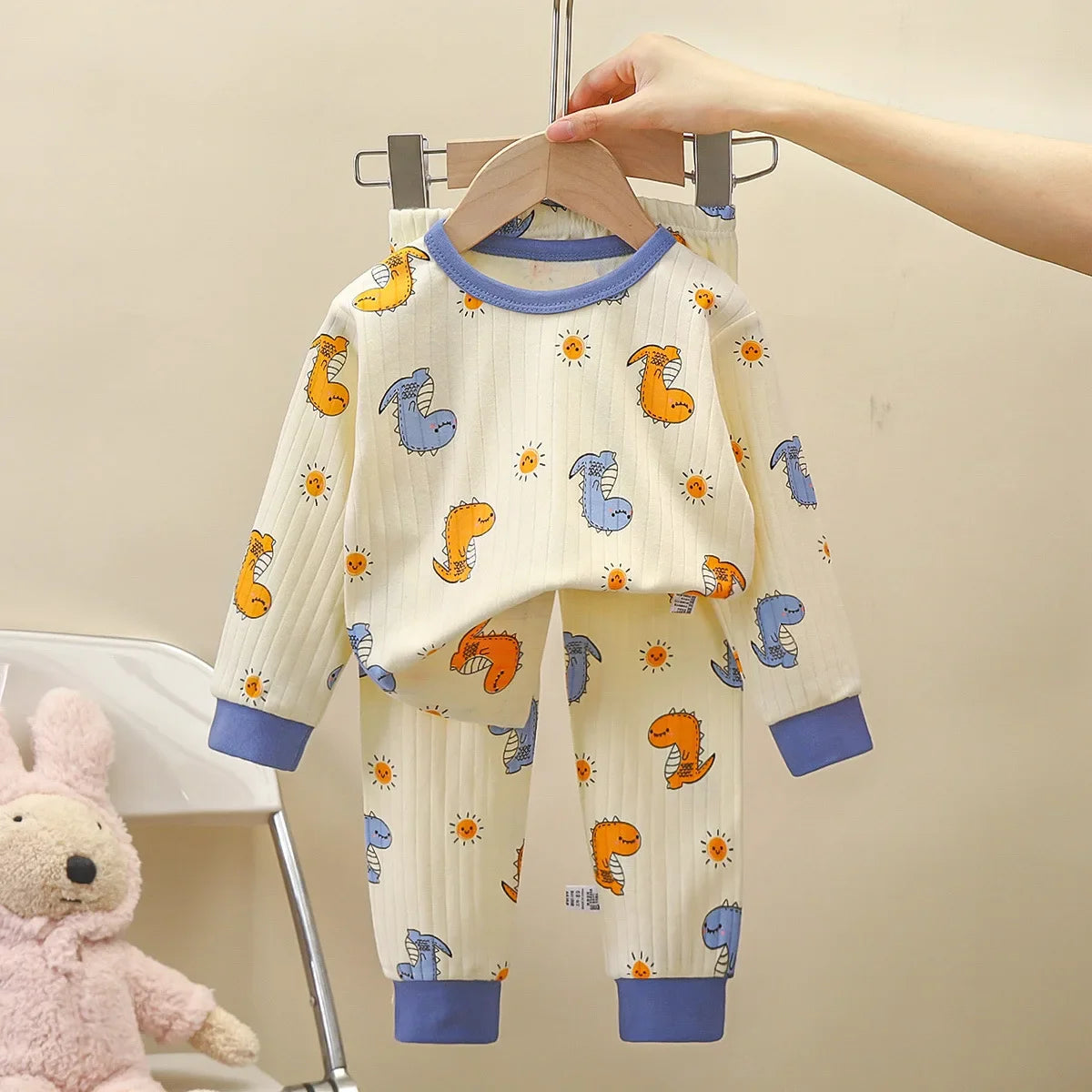 Pure Cotton Pajamas Long Sleeve Top and Pants Set blue