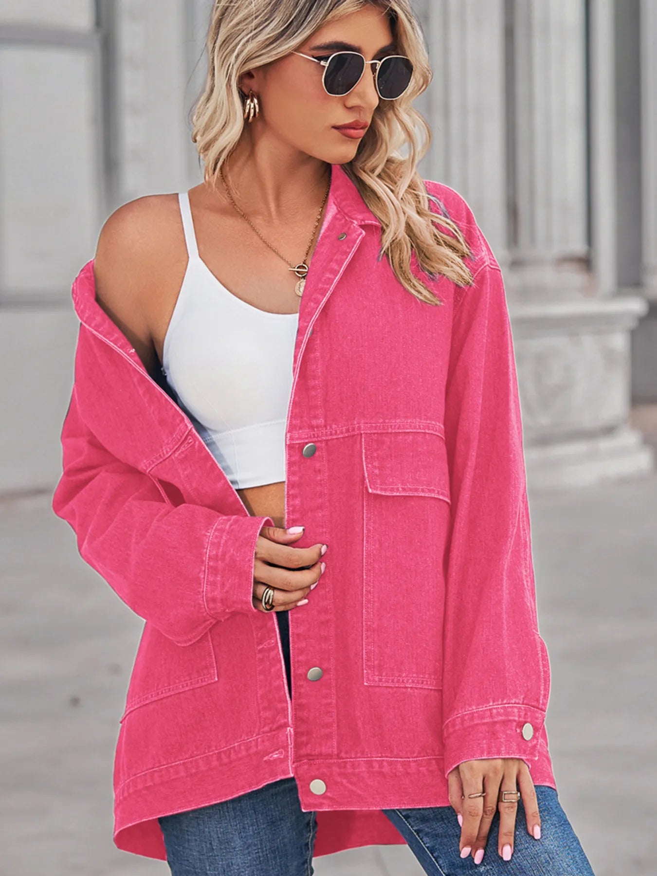 Button Up Long Sleeve Denim Jacket - -