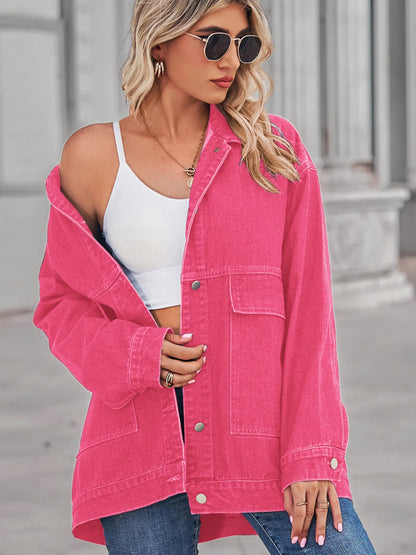 Button Up Long Sleeve Denim Jacket - -
