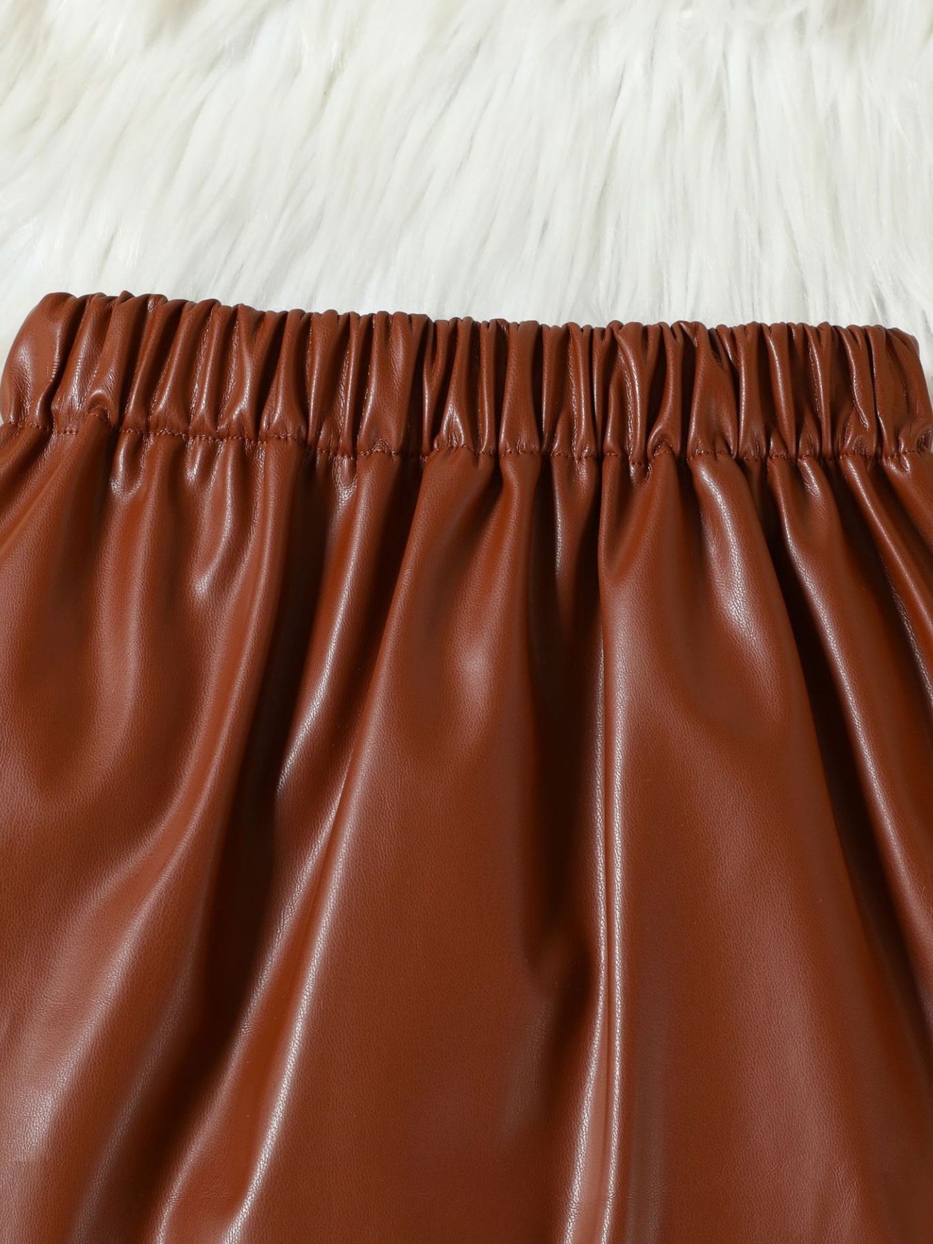 Children's Ruffled Trim Ribbed Top & Faux Leather Skirt Set - -