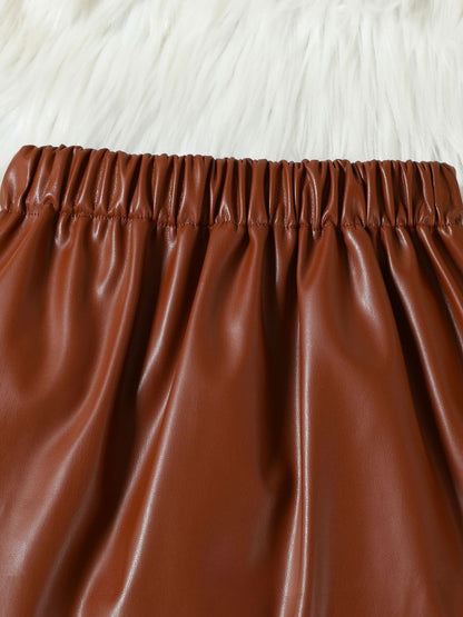 Children's Ruffled Trim Ribbed Top & Faux Leather Skirt Set - -