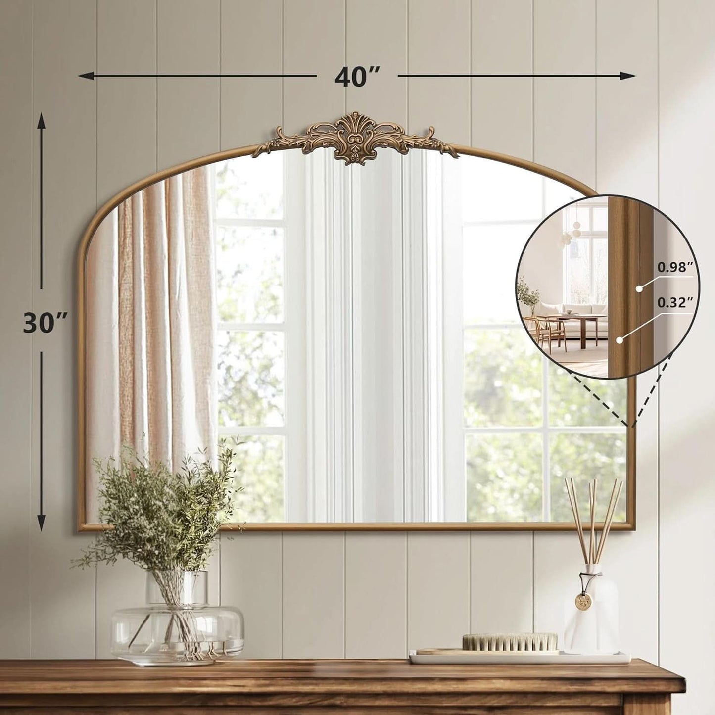 Arched Gold Wall Mirror 40x30 Inches Vintage Ornate - -