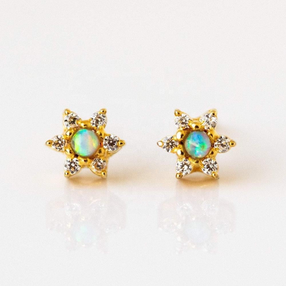 Gold Plated Micro Pave Cz White Fire Opal Daisy Flower Stud Earring