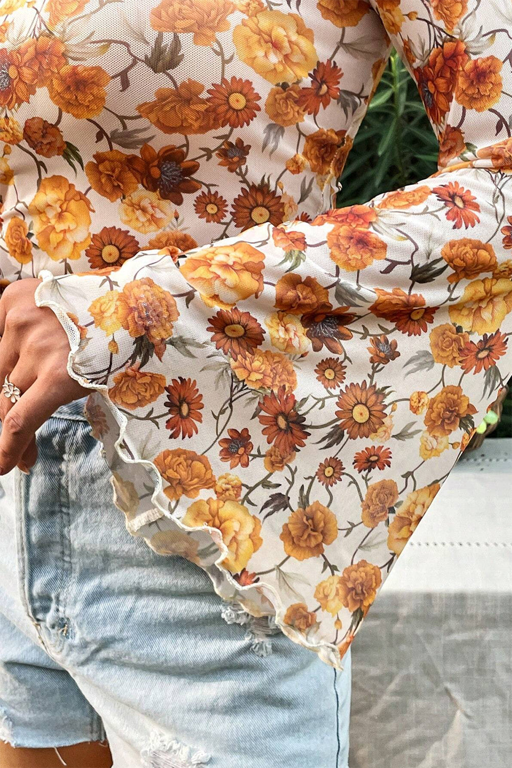 Orange Floral Printed Bell Sleeve Mock Neck Scallop Trim Blouse - - Tops/Blouses & Shirts