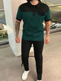 Men‘s Full Size Waffle-Knit Contrast Top and Pants Set Plus Size - Dark Green -