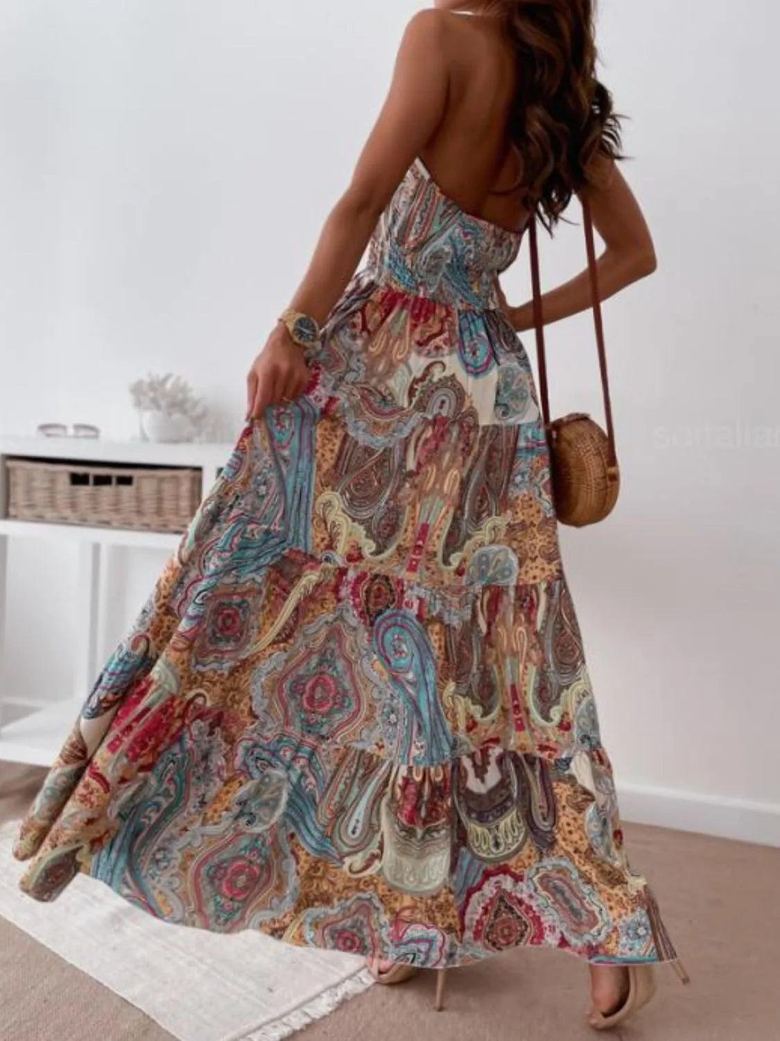 Printed Halter Neck Maxi Dress - -