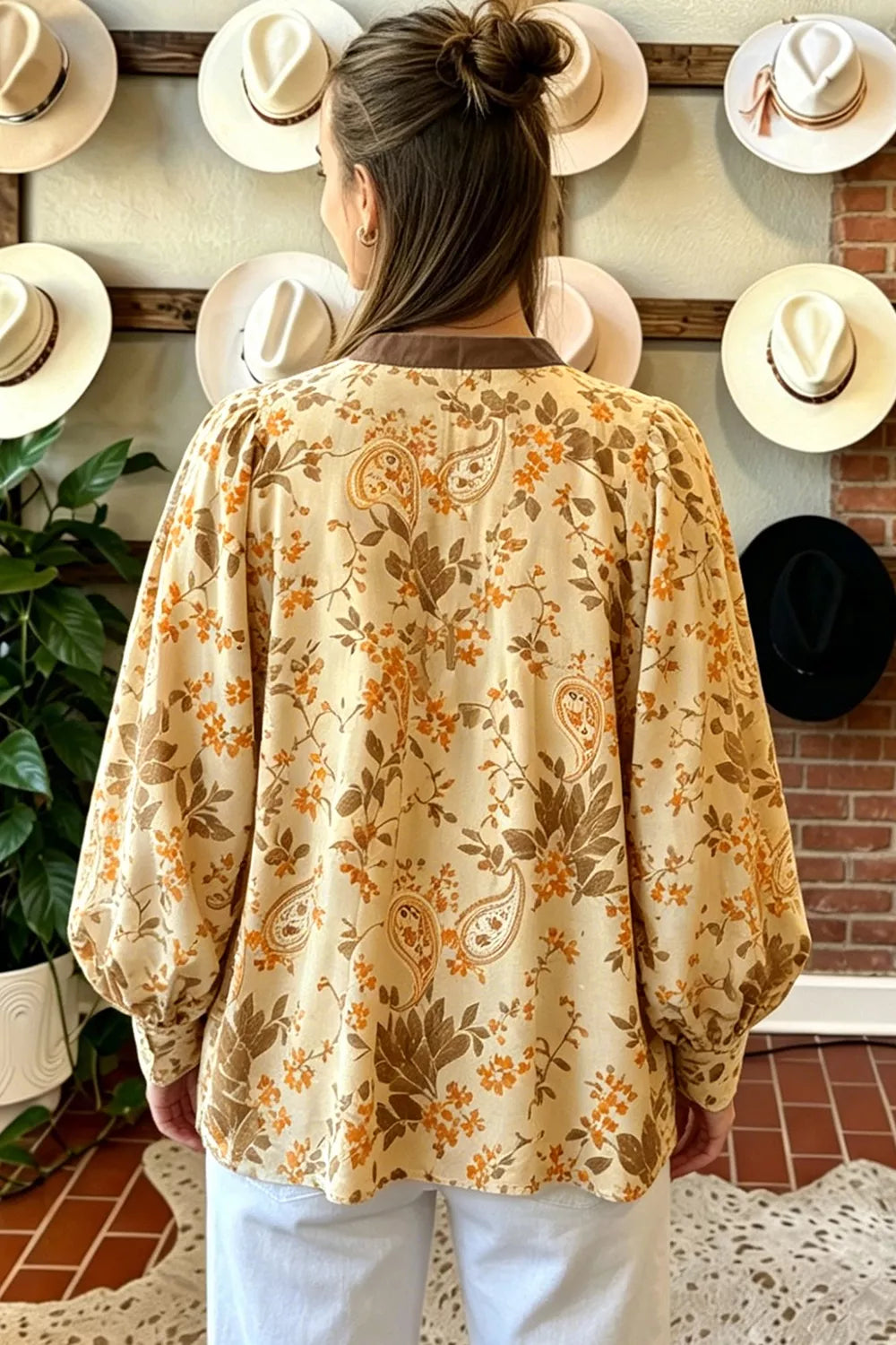 Paisley Print Tie Neck Long Sleeve Shift Top - -