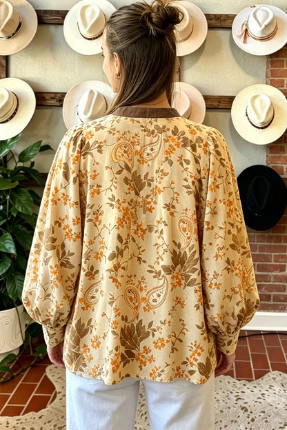 Paisley Print Tie Neck Long Sleeve Shift Top - -