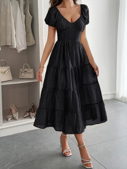 Backless Tiered Puff Sleeve Midi Dress - -