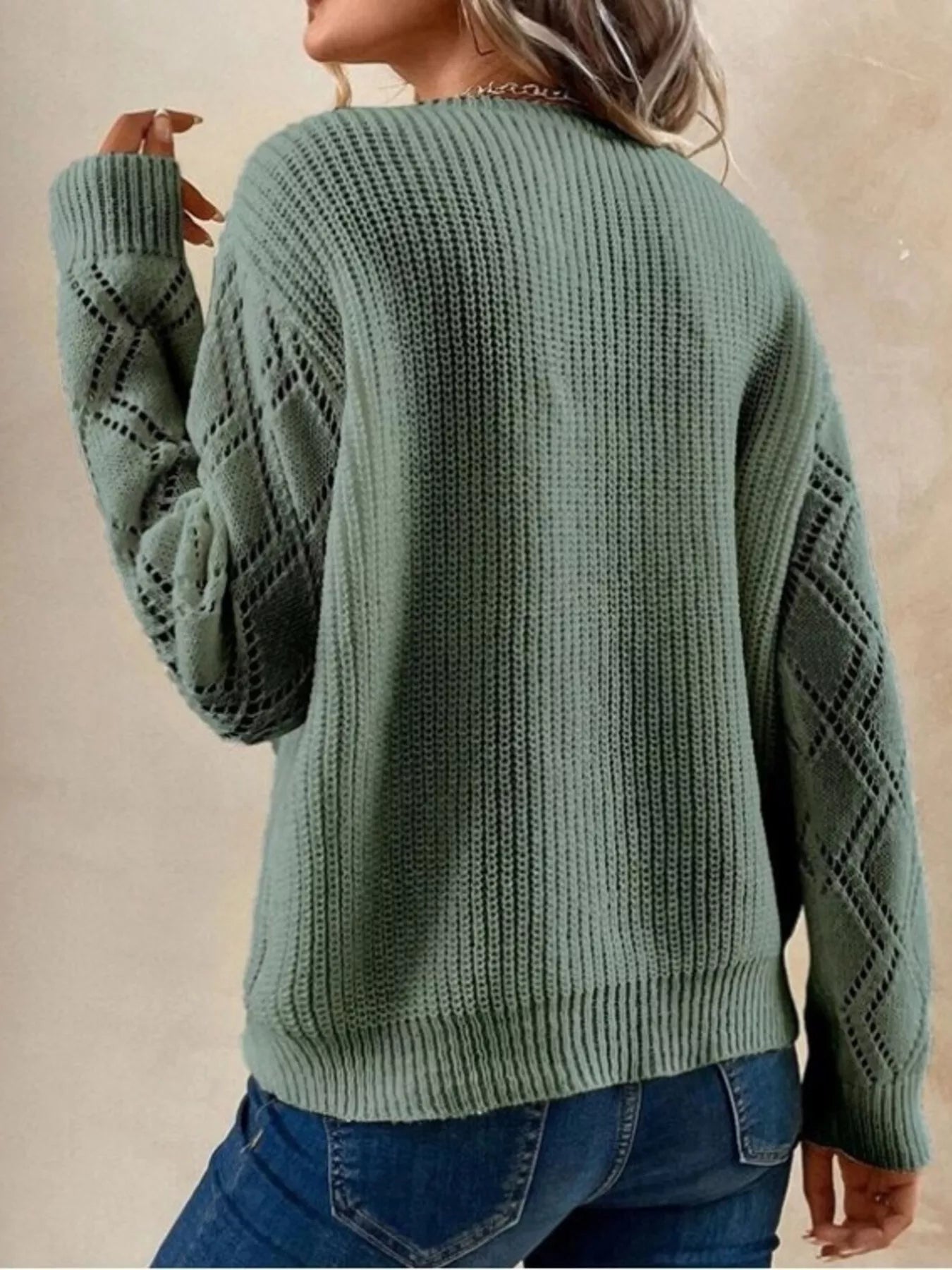 Openwork V-Neck Long Sleeve Sweater - -