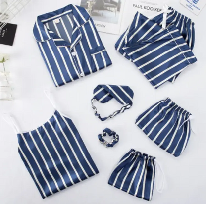 7pc Long Sleeve Pajama Sleepwear Sets blue white