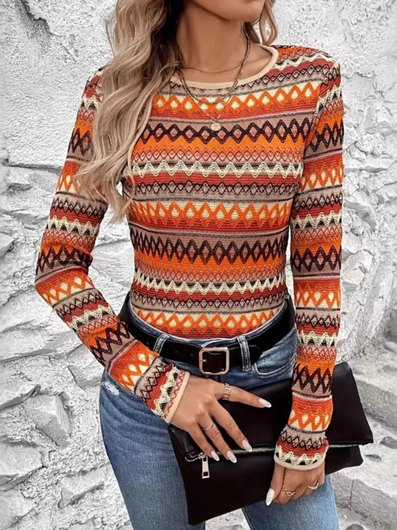 Bohemian Geometric Pattern Long Sleeve T-Shirt - Orange -