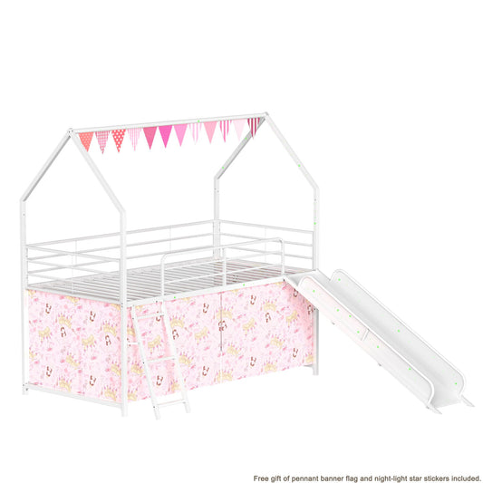 Jack - House Loft Bed With Slide And Curtain Set - Pink Twin - Loft Beds