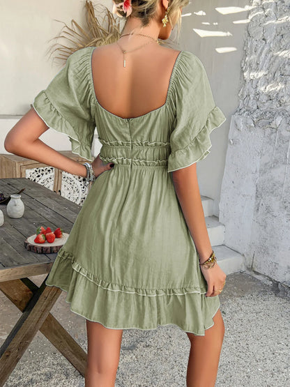 Square Neck Ruffle Trim Mini Dress - -