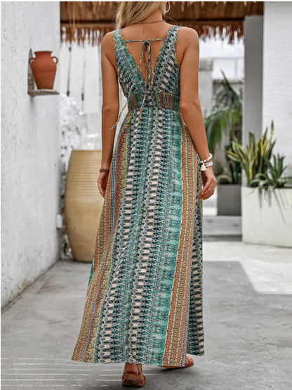 Tied Back Printed Sleeveless Maxi Slit Dress - -