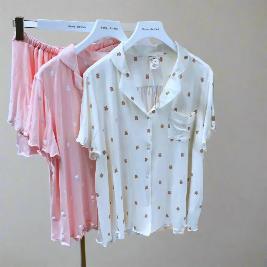 Cotton Fabric Pajamas Short Sleeve Two Piece Set Sleepwear Woman