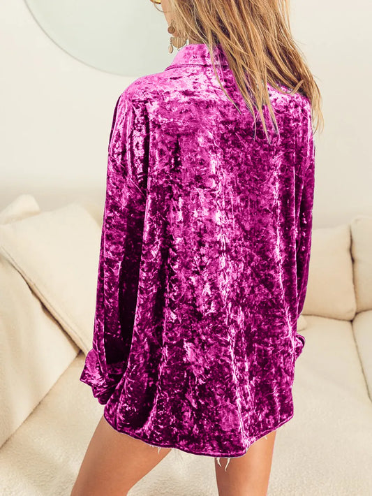 Pink Collared Neck Long Sleeve Velvet Shirt - - Women's Fashion - Women's Clothing - Blouses & Shirts