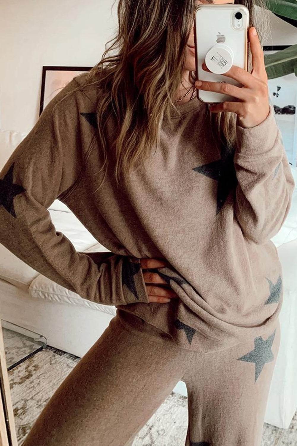 Khaki Retro Star Print Long Sleeve Pullover Drawstring Wide Leg Pajama Set- Wild and Free Boutique- {{Product type}}