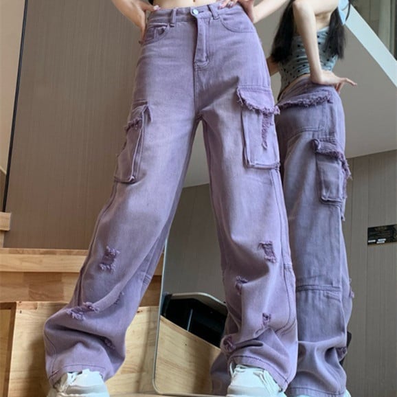 Purple Distressed Wide Leg Jeans for Women - - Women's Fashion - Women's Clothing - Bottoms - Jeans