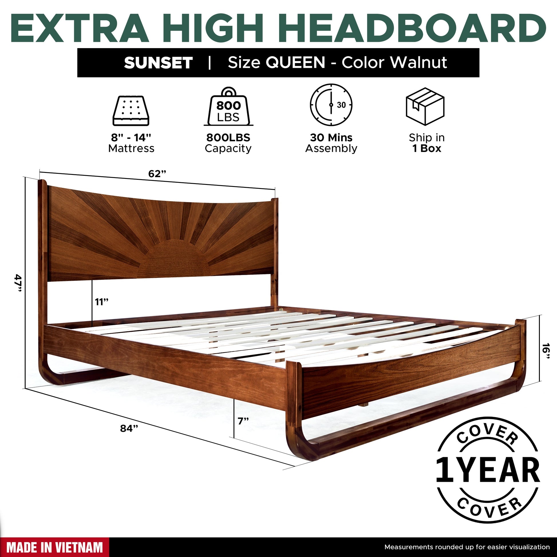 Sunset Solid Wood Bed Frame With Headboard - - Bed Frame