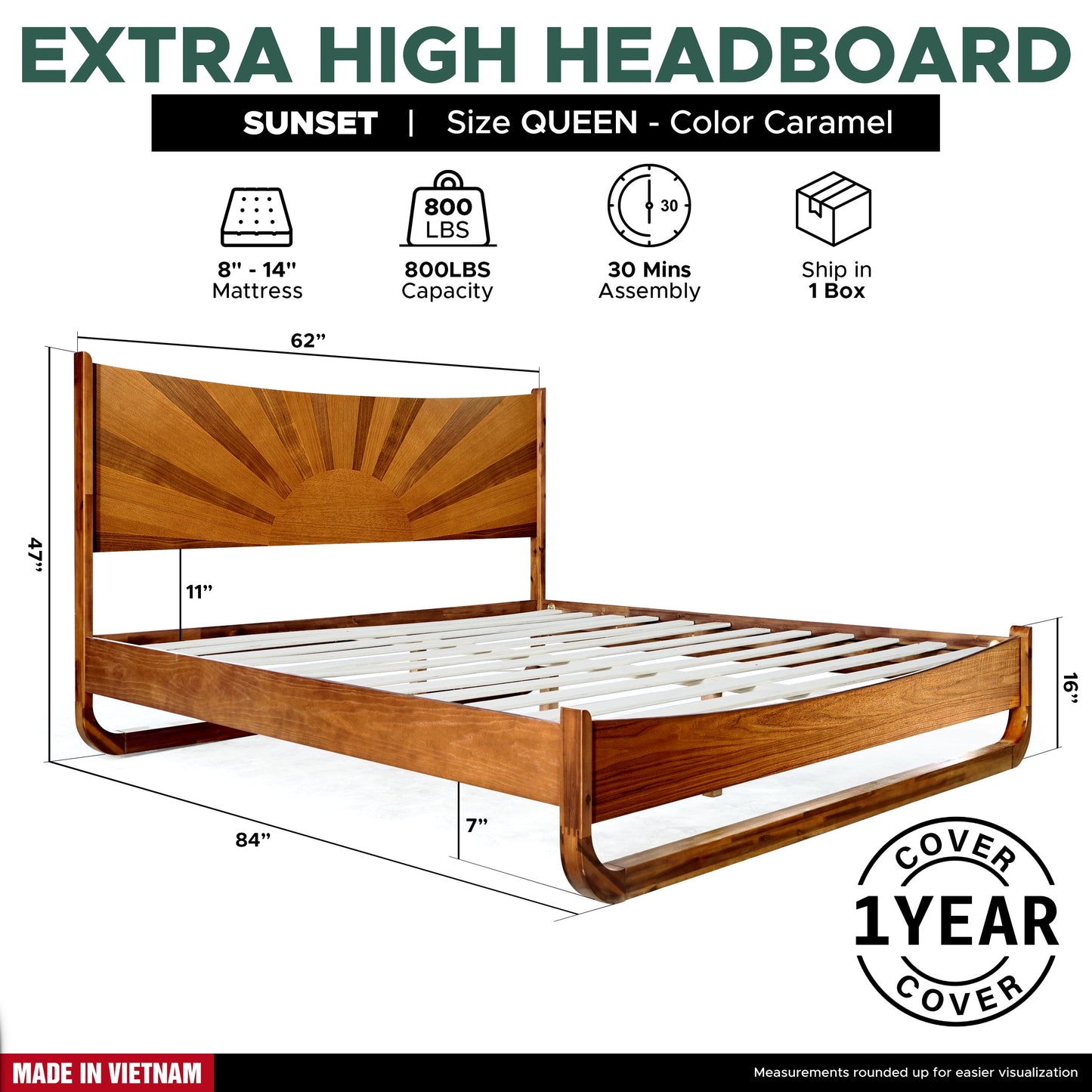 Sunset Solid Wood Bed Frame With Headboard - - Bed Frame