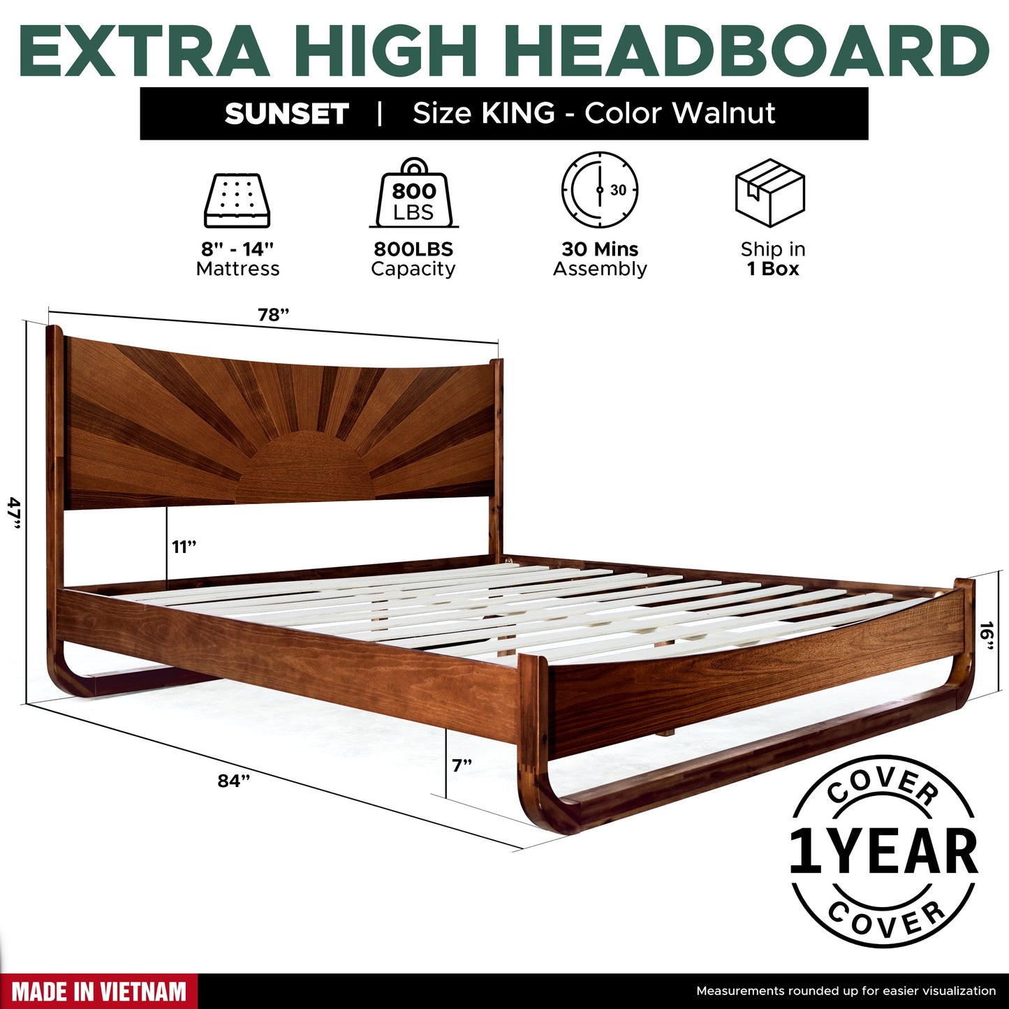 Sunset Solid Wood Bed Frame With Headboard - - Bed Frame
