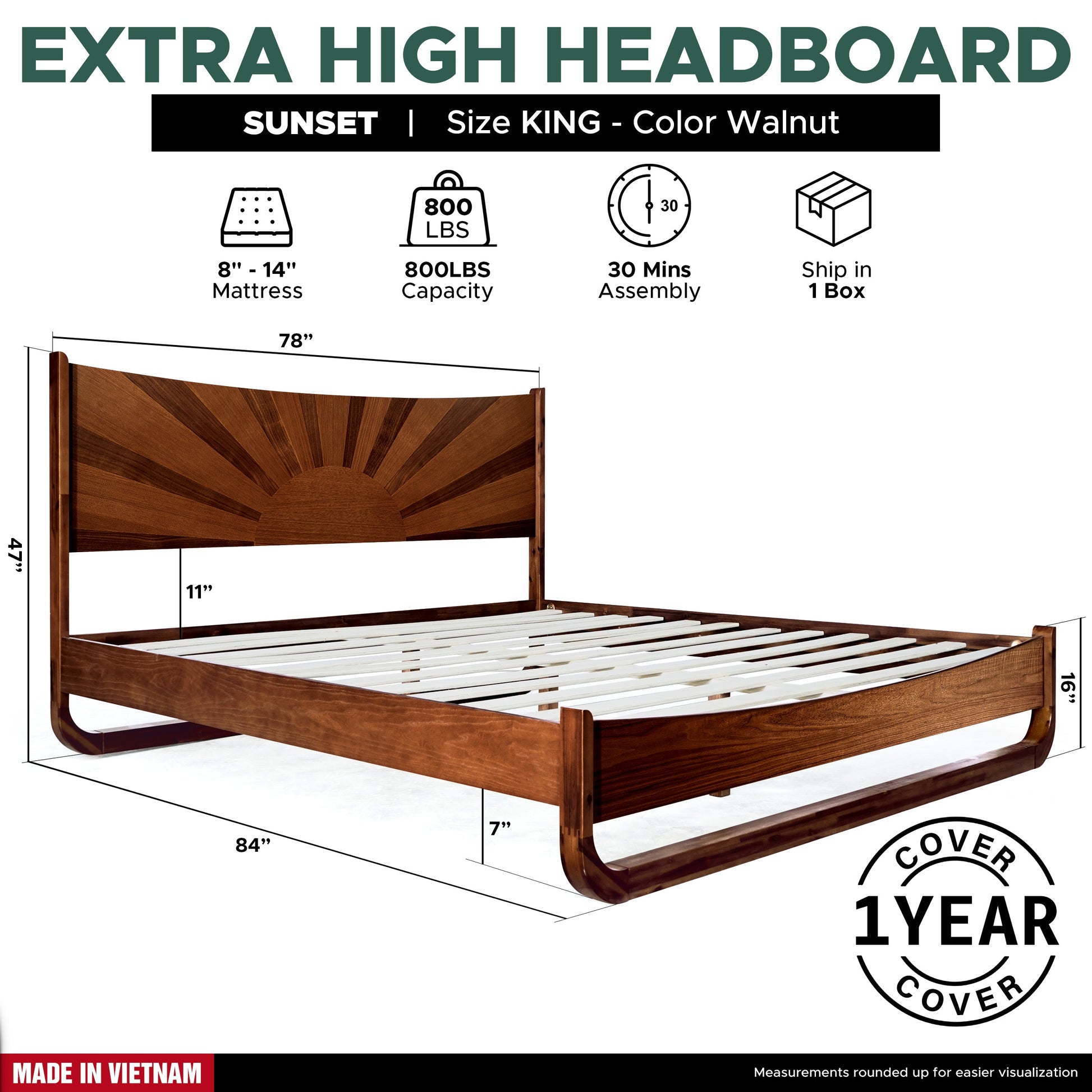Sunset Solid Wood Bed Frame With Headboard - - Bed Frame