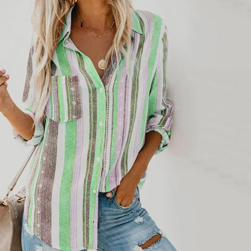 Vertical Stripe Print Button Long Sleeve Shirt Daily Single Breasted Work Blouse