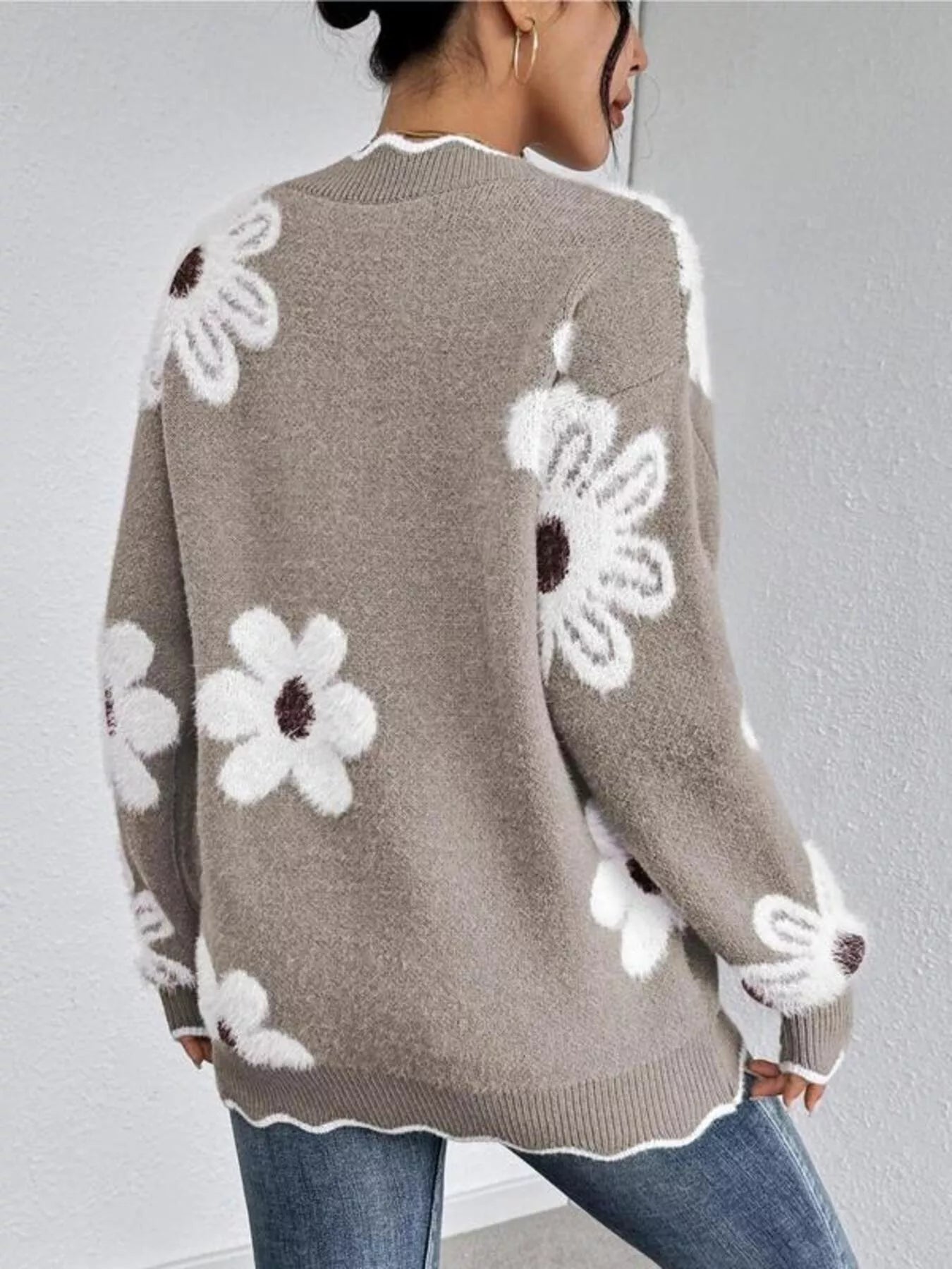 Floral V-Neck Long Sleeve Sweater - -