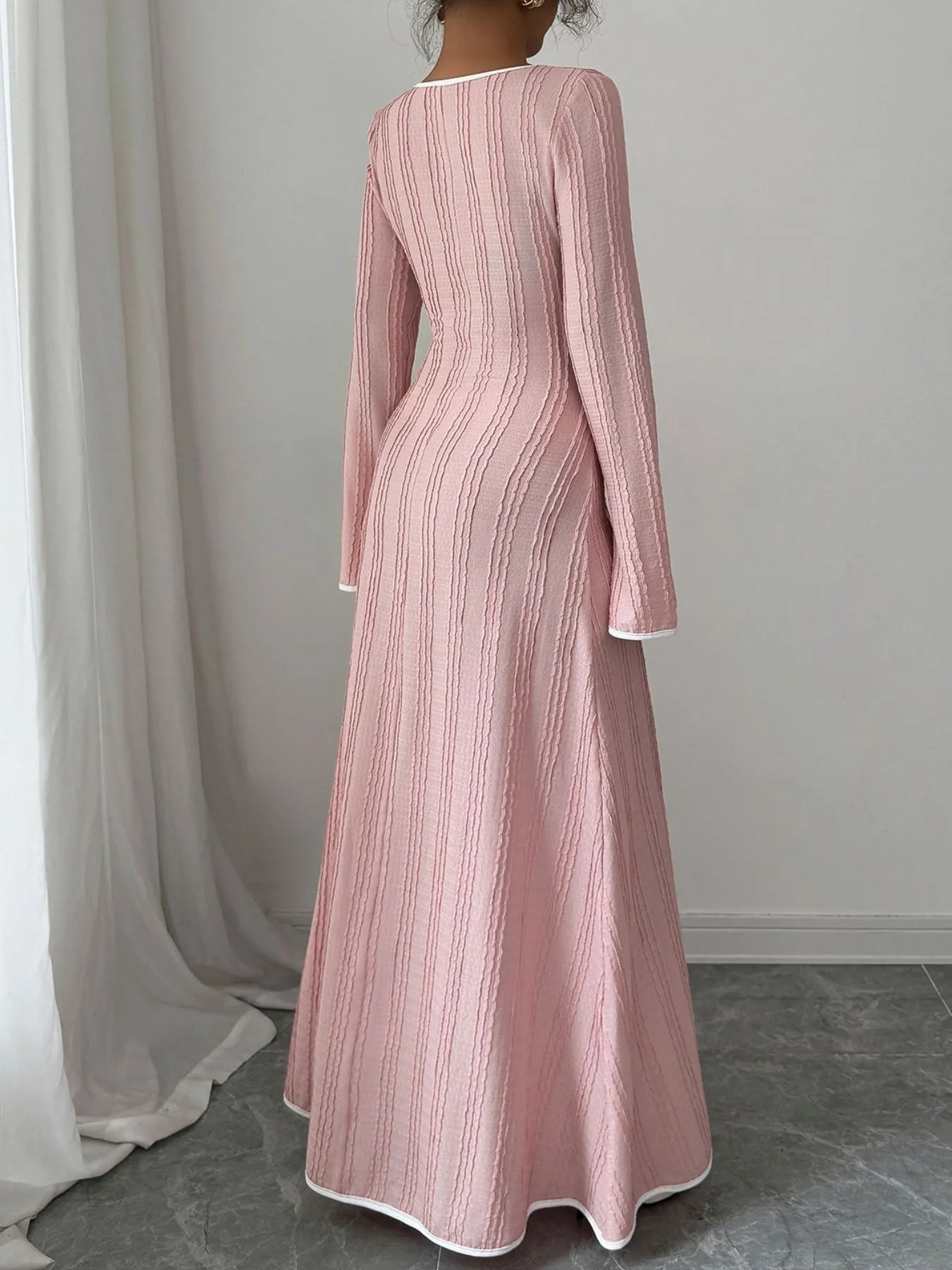 Textured Square Neck Long Sleeve Maxi Dress - -