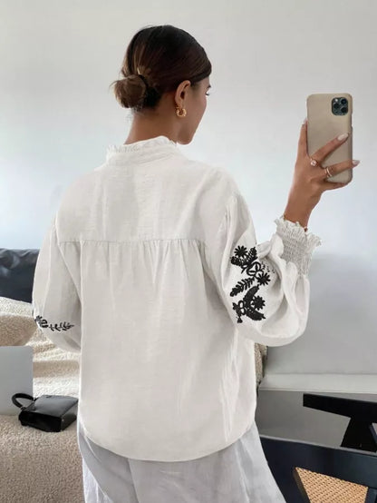 Embroidered Notched Long Sleeve Blouse - -