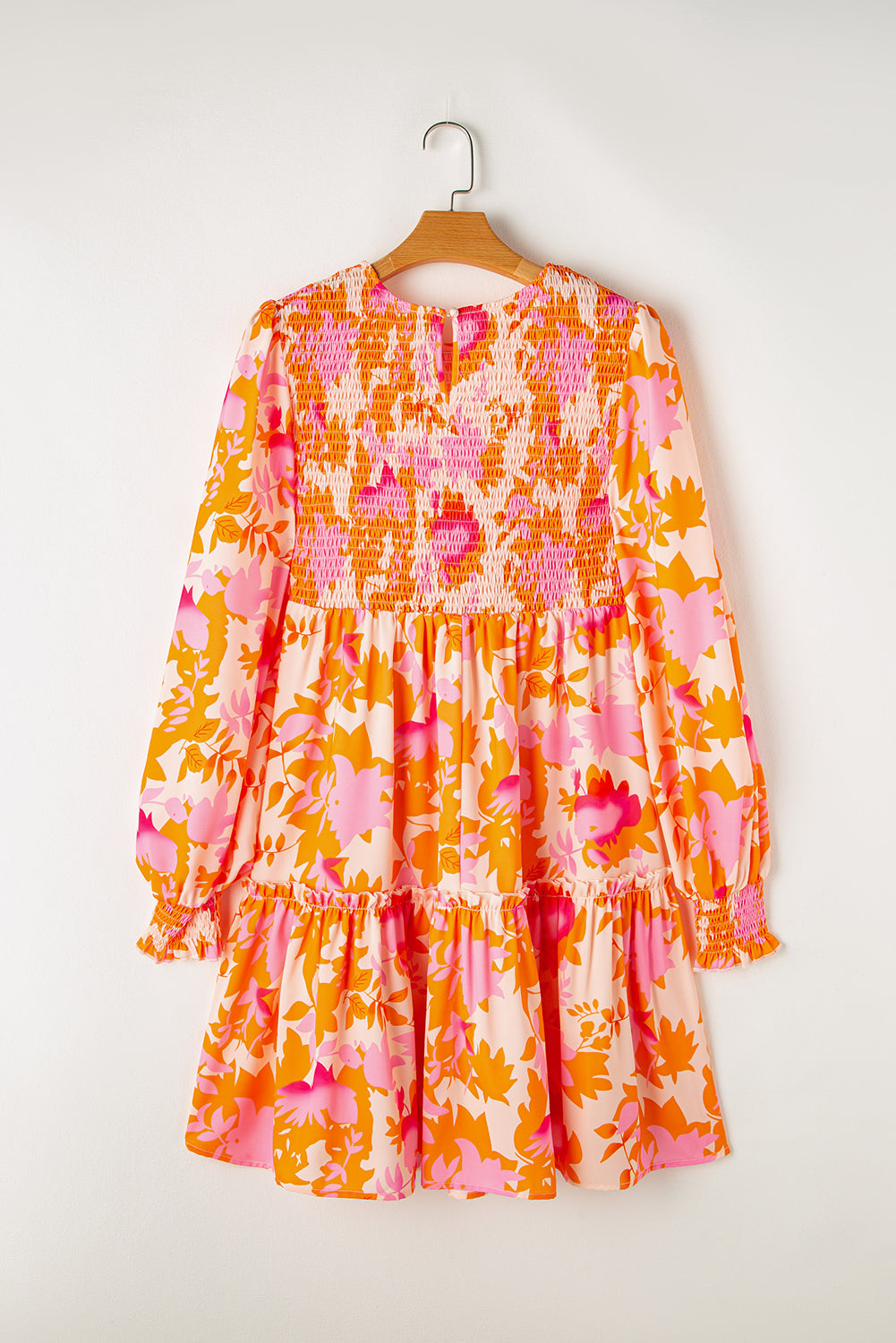 Orange Abstract Print Smocked Lantern Sleeve Ruffle Mini Dress - - Dresses/Mini Dresses