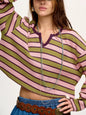 Stripes Waffle Texture Notched Neck Long Sleeve Top - Multicolor -