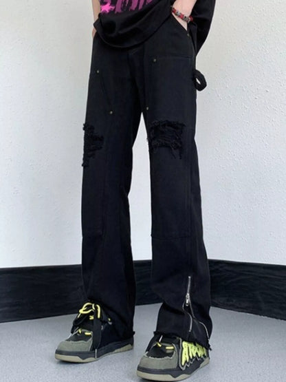 Men's Distressed Raw Hem Wide Leg Jeans - -