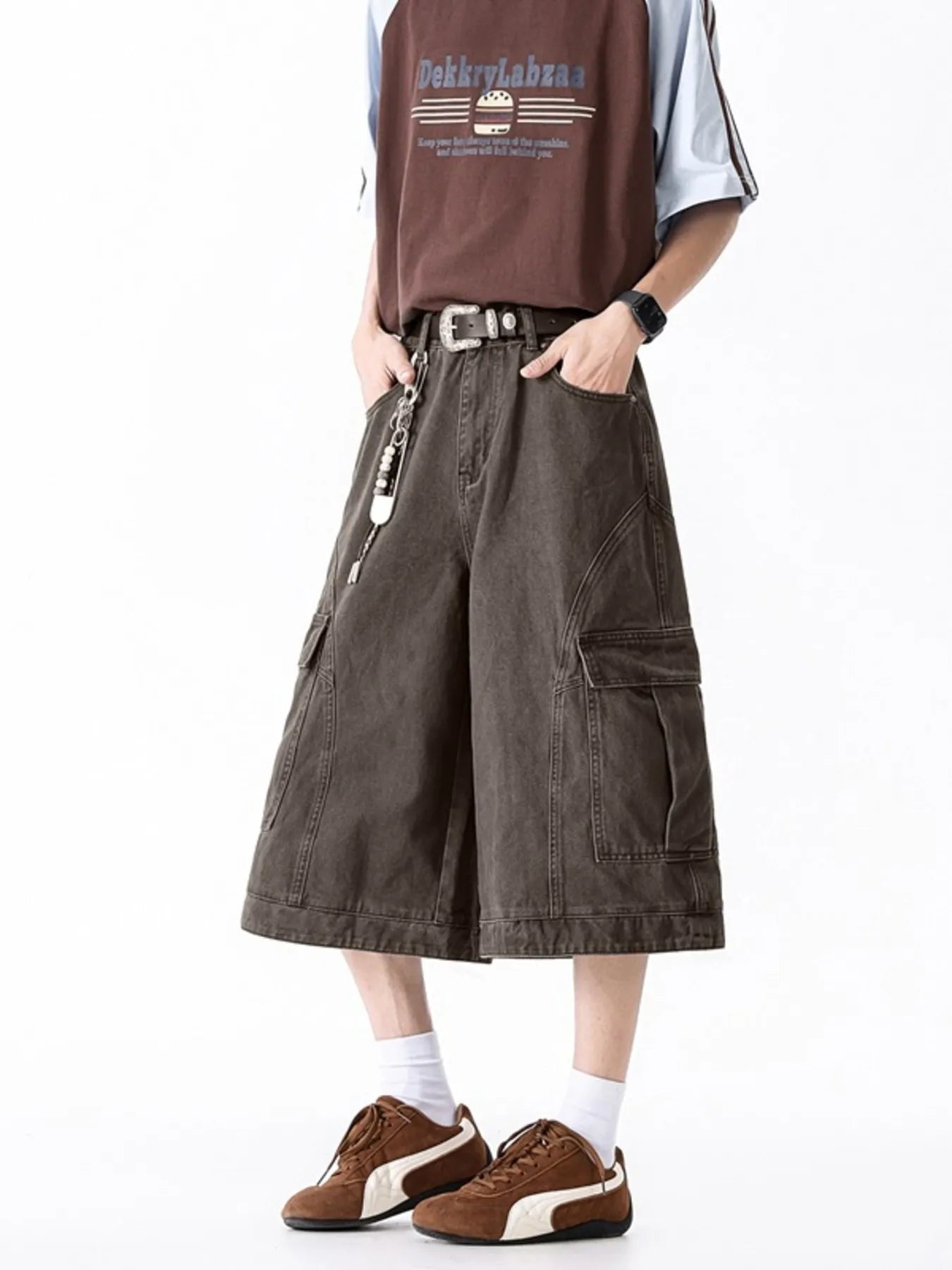 Men's Full Size Wide Leg Cargo Shorts Plus Size - Brown -
