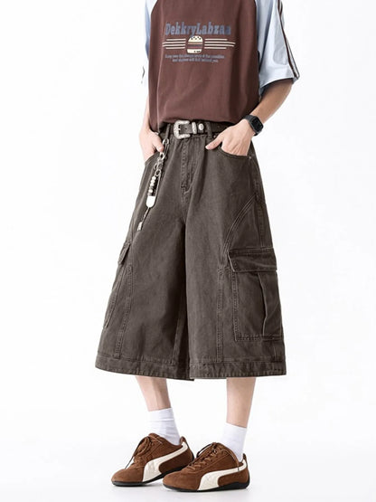 Men's Full Size Wide Leg Cargo Shorts Plus Size - Brown -