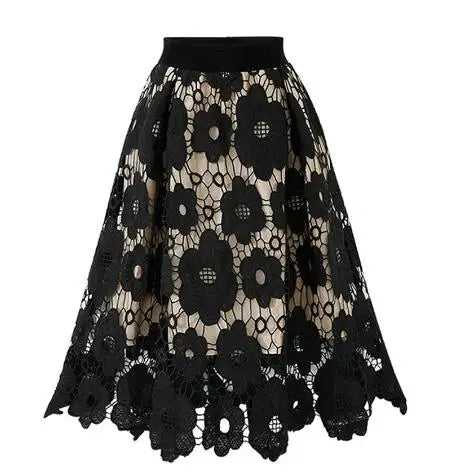 Women Flower Embroidery Hollow Out Lace Skirt Black Skirt