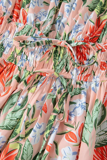 Floral Smocked Square Neck Puff Short Sleeve Midi Dress - -