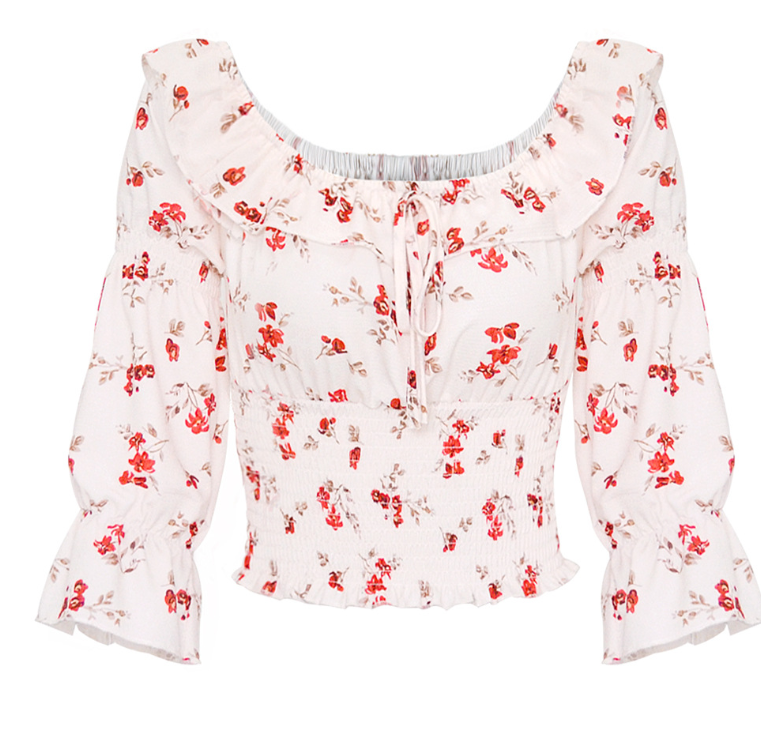 Off-Shoulder Pleated Short Sleeve Printed Top for Women - - Women's Fashion - Women's Clothing - Tops & Tees