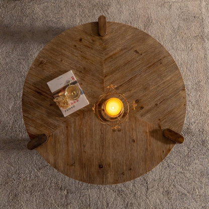 Rustic Wood Round Coffee Table, Easy Assembly - - Coffee Table