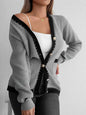 Contrast Trim Button Up Long Sleeve Cardigan - Gray One Size -