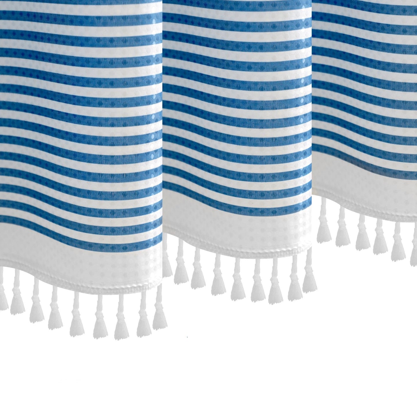 Blue Striped Shower Curtain With Tassels Machine Washable Water Repellent