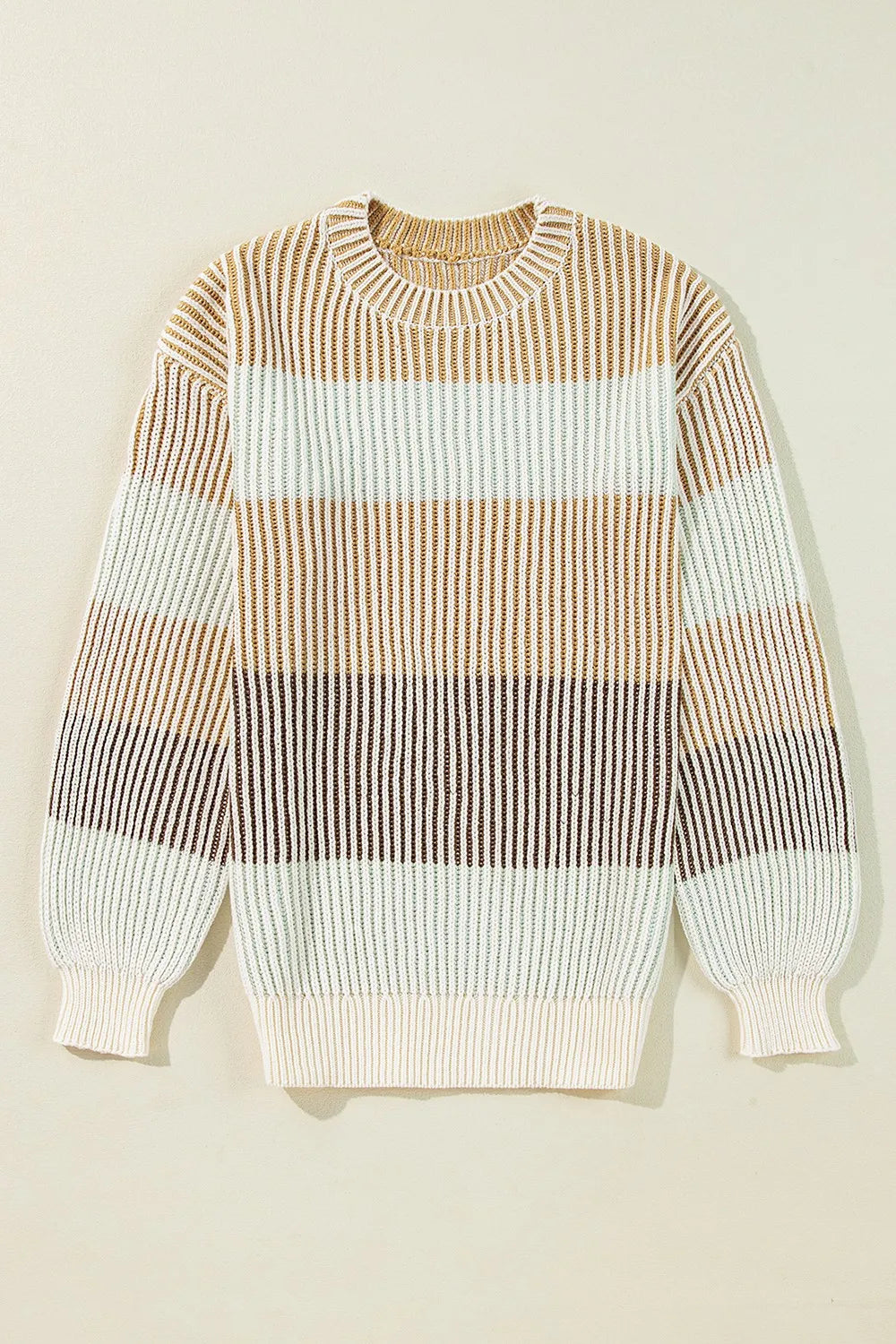 Striped Color Block Round Neck Long Sleeve Sweater - Tan -