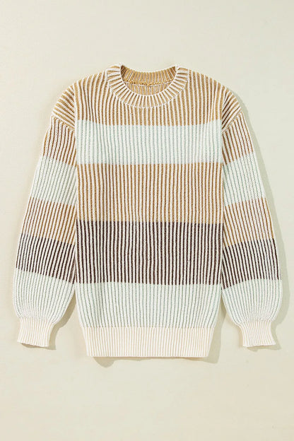 Striped Color Block Round Neck Long Sleeve Sweater - Tan -