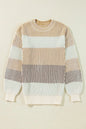 Striped Color Block Round Neck Long Sleeve Sweater - Tan -